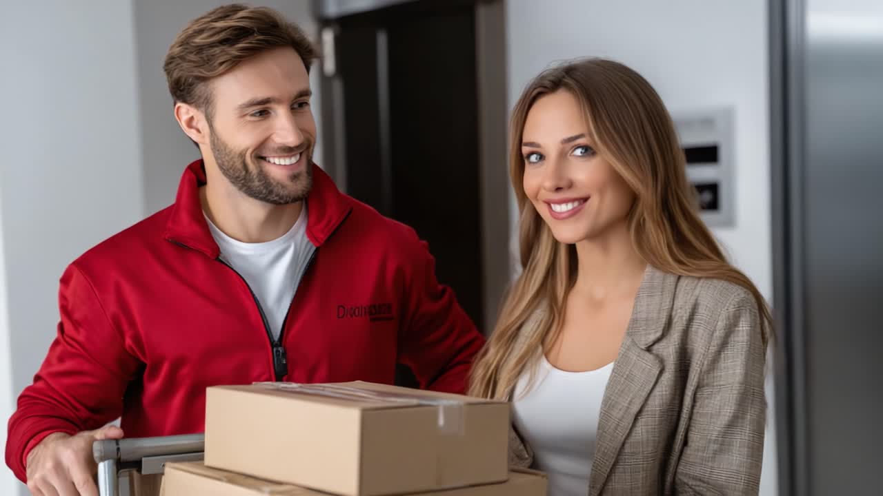 A Cheerful Interaction Involving Package Delivery: A Smiling Man in a Red Jacket and a Woman in a Blazer Sharing a Light Moment with Delivered Boxes