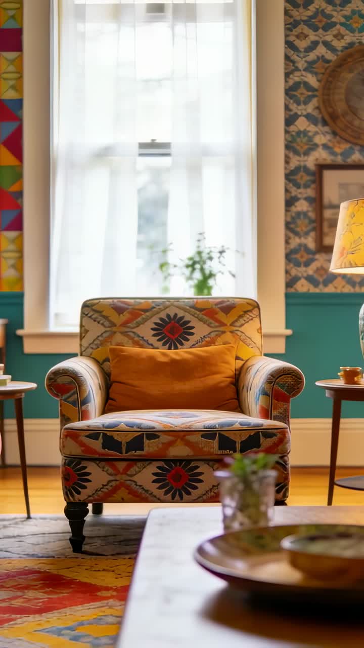 Vertical video: Camera shifting showing printed chair holding mustard cushion in room showing decor