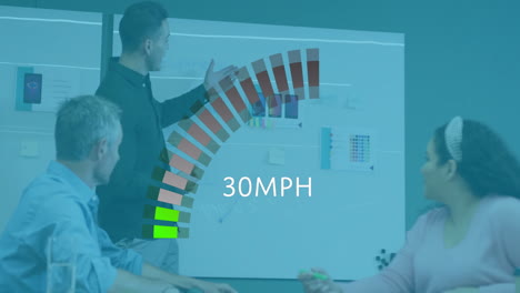 Discussing presentation, diverse team in business meeting with speedometer animation