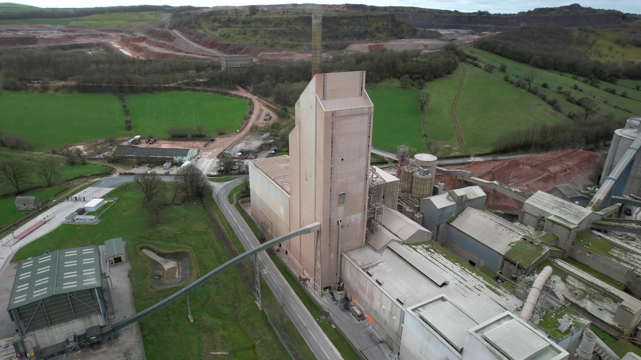 Aerial landscape of Cauldon cement plant and industrial quarry in rural England