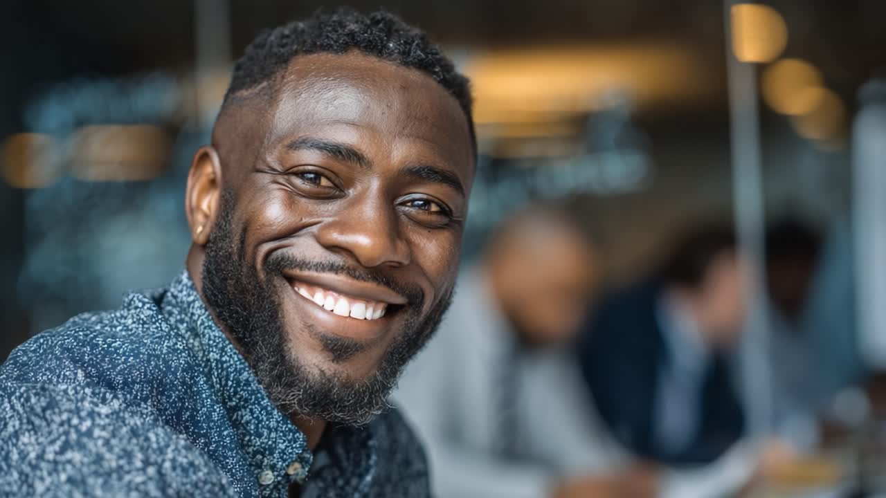 Homme souriant et joyeux avec des cheveux courts et une barbe dans un cadre de bureau, mettant l’accent sur le professionnalisme et la positivité dans un environnement collaboratif