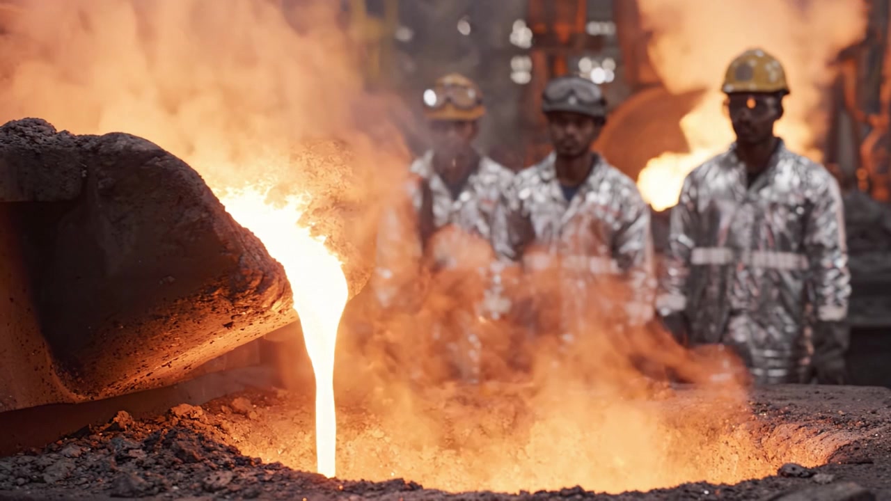 Operai con indumenti riflettenti supervisionano la colata di metallo fuso in una fonderia, evidenziando il calore intenso e l'importanza della sicurezza nei processi industriali.