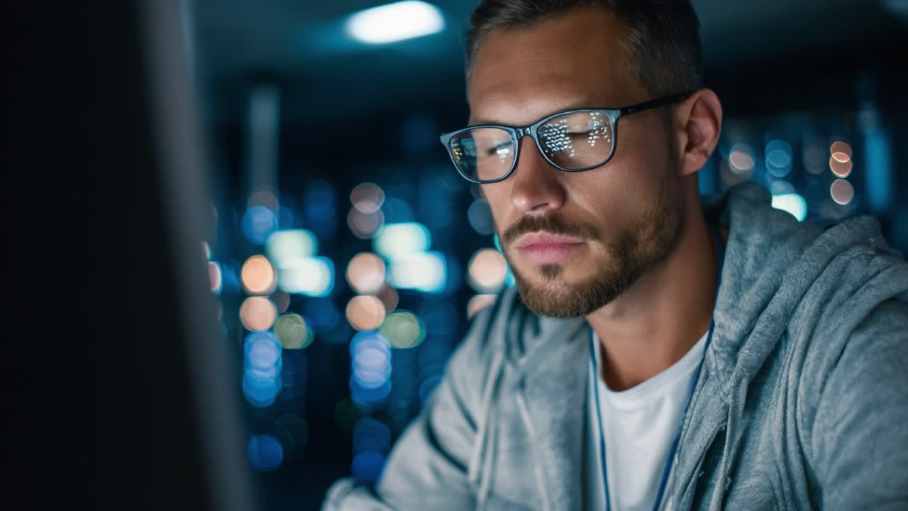 Focused Individual Working on a Computer in a Dark Environment, Surrounded by Digital Displays and Soft Lighting, Emphasizing Concentration and Modern Technology