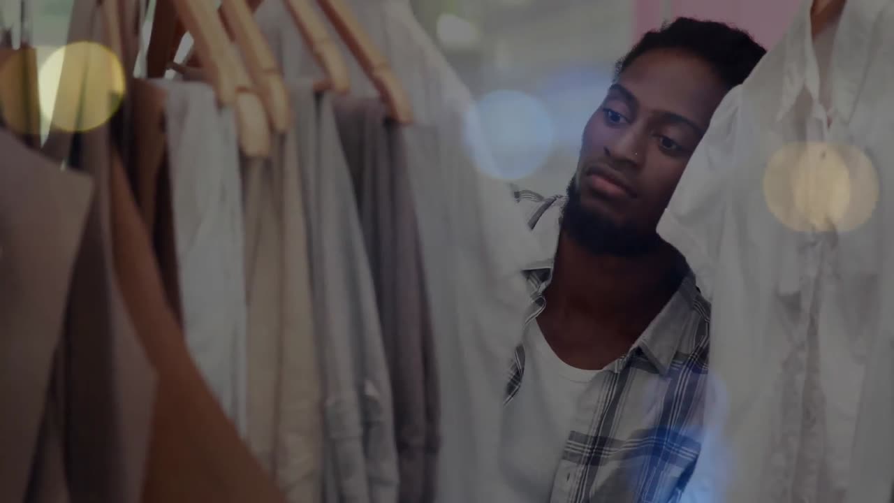 Animation of bokeh lights over african american man tidying clothes display in shop