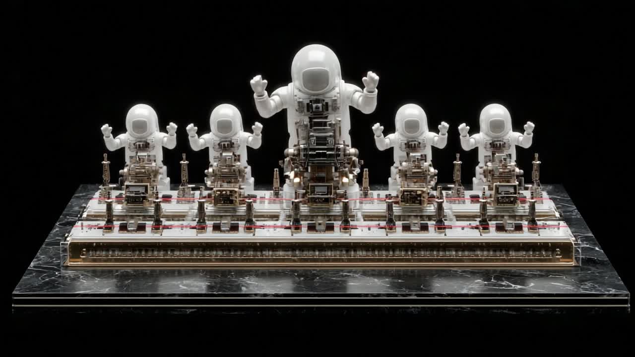 A Futuristic Showcase of Astronaut Figures Engaged in a Dynamic Display, Highlighting the Interplay Between Technology and Space Exploration