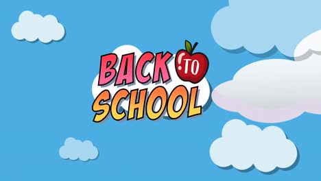 Animation-of-rocket-flying-across-colourful-back-to-school-text-on-white-cloud-in-blue-sky