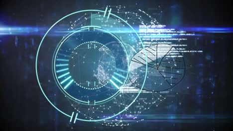 animation of globe of connections and scope scanning over data processing on black background