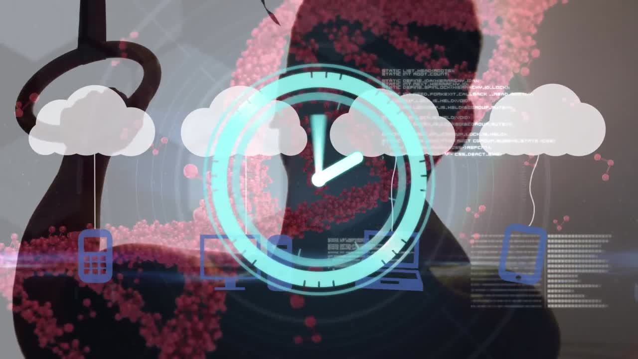 체육관에서 운동하는 스포츠맨 위에 시계 움직임과 미디어 아이콘의 애니메이션