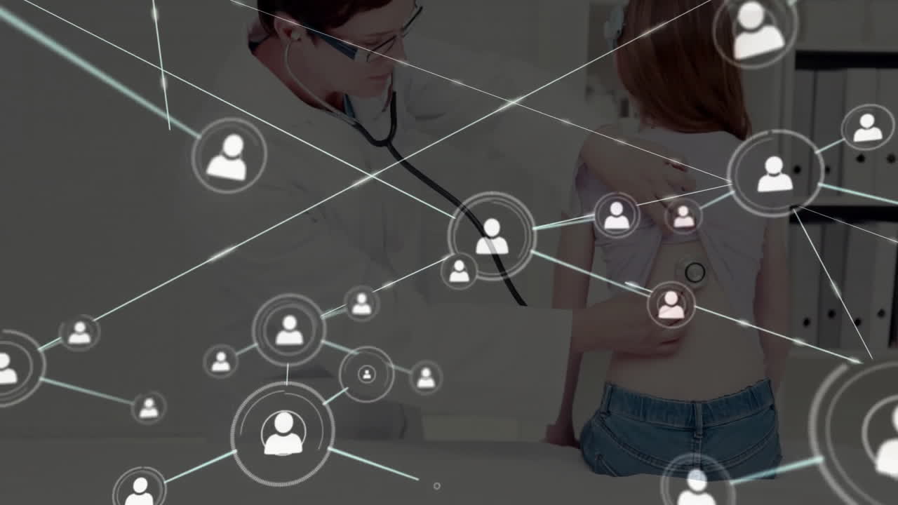 animación de la red de conexiones con iconos sobre el médico masculino caucásico