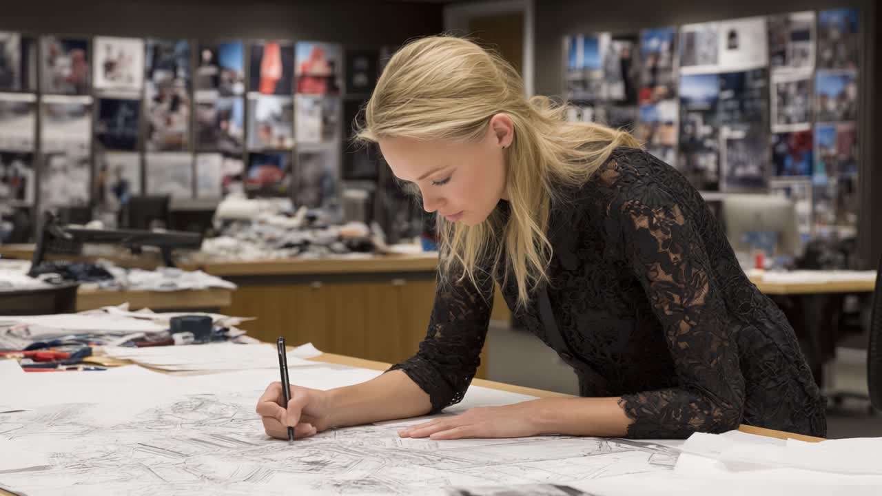 Artista concentrato/a a disegnare nel suo spazio di lavoro creativo, circondato/a da contenuti visivi stimolanti e materiali artistici per progetti di design