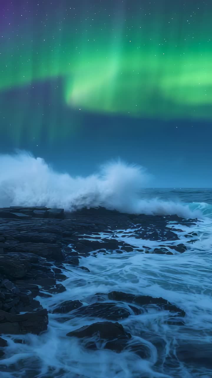 Vertical video: Showing rock shore at night, swell rising, pushing foam into pools, aurora arching