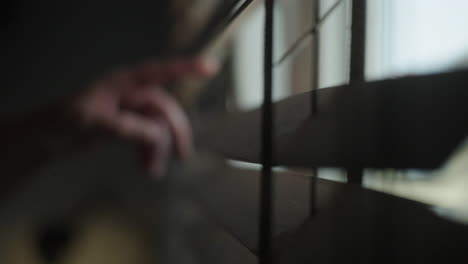 hand touching window blinds