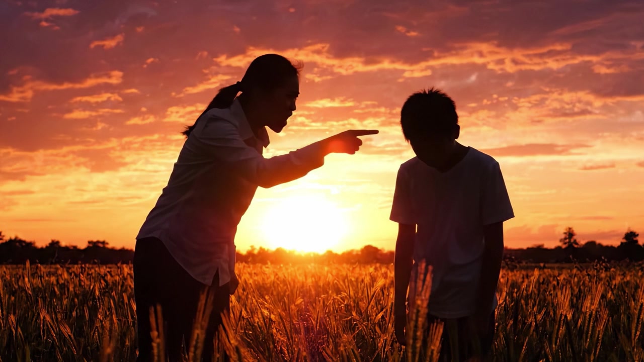 Un momento toccante cattura una conversazione sotto un tramonto, evidenziando le dinamiche di comunicazione, emozione e natura in un sereno ambiente di campagna