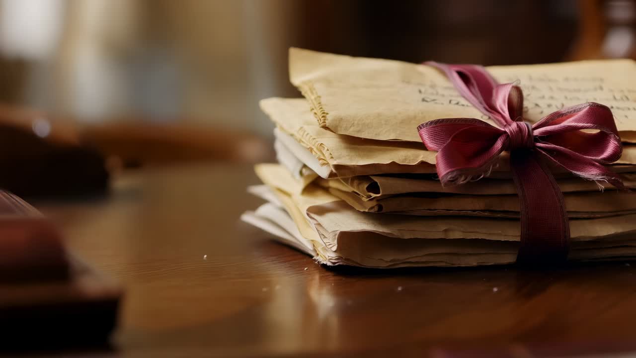 Allontanamento della camera che rivela buste ingiallite legate con un nastro bordeaux su un tavolo di legno, con polvere di carta che fluttua nell'aria