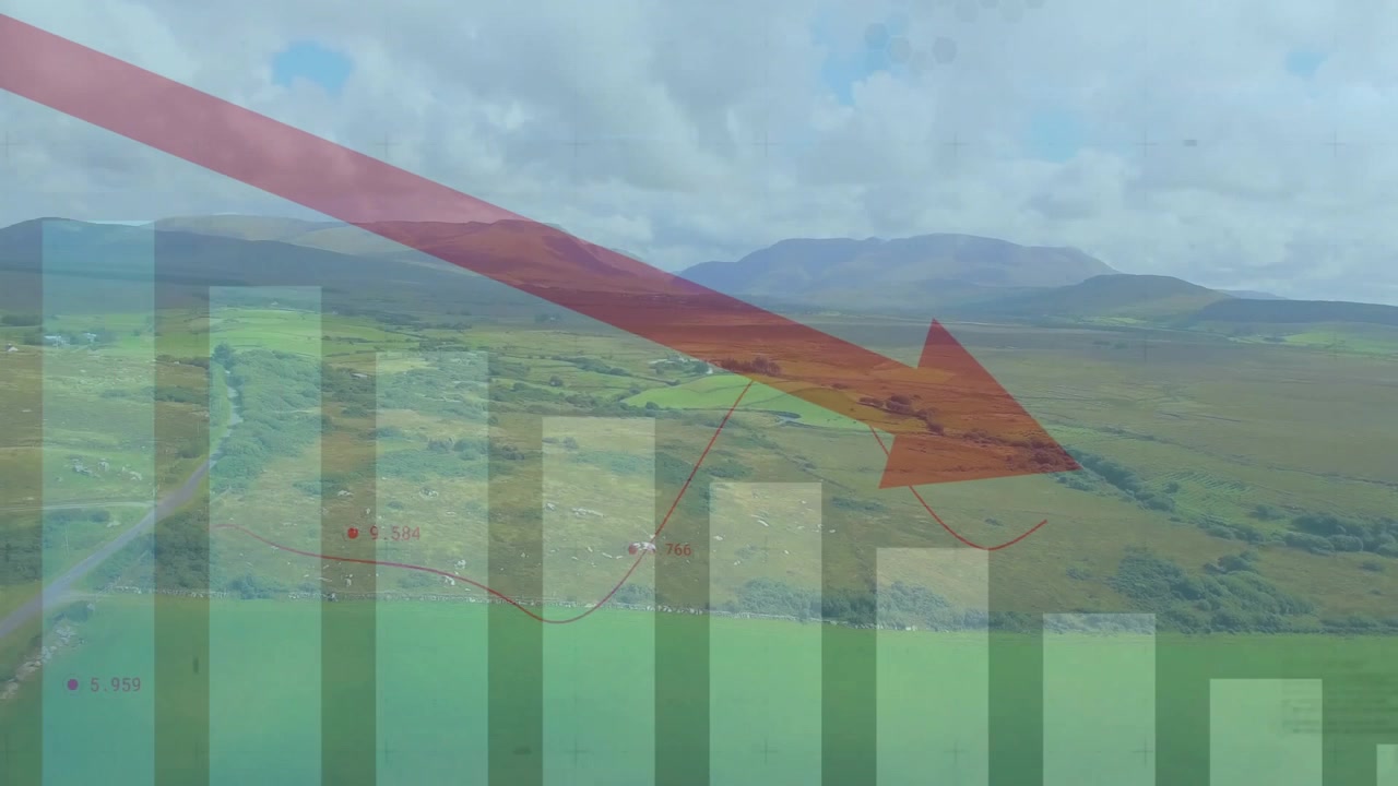 Transparent bar chart emerging over farmland with red arrow sweeping bars dipping marking decline