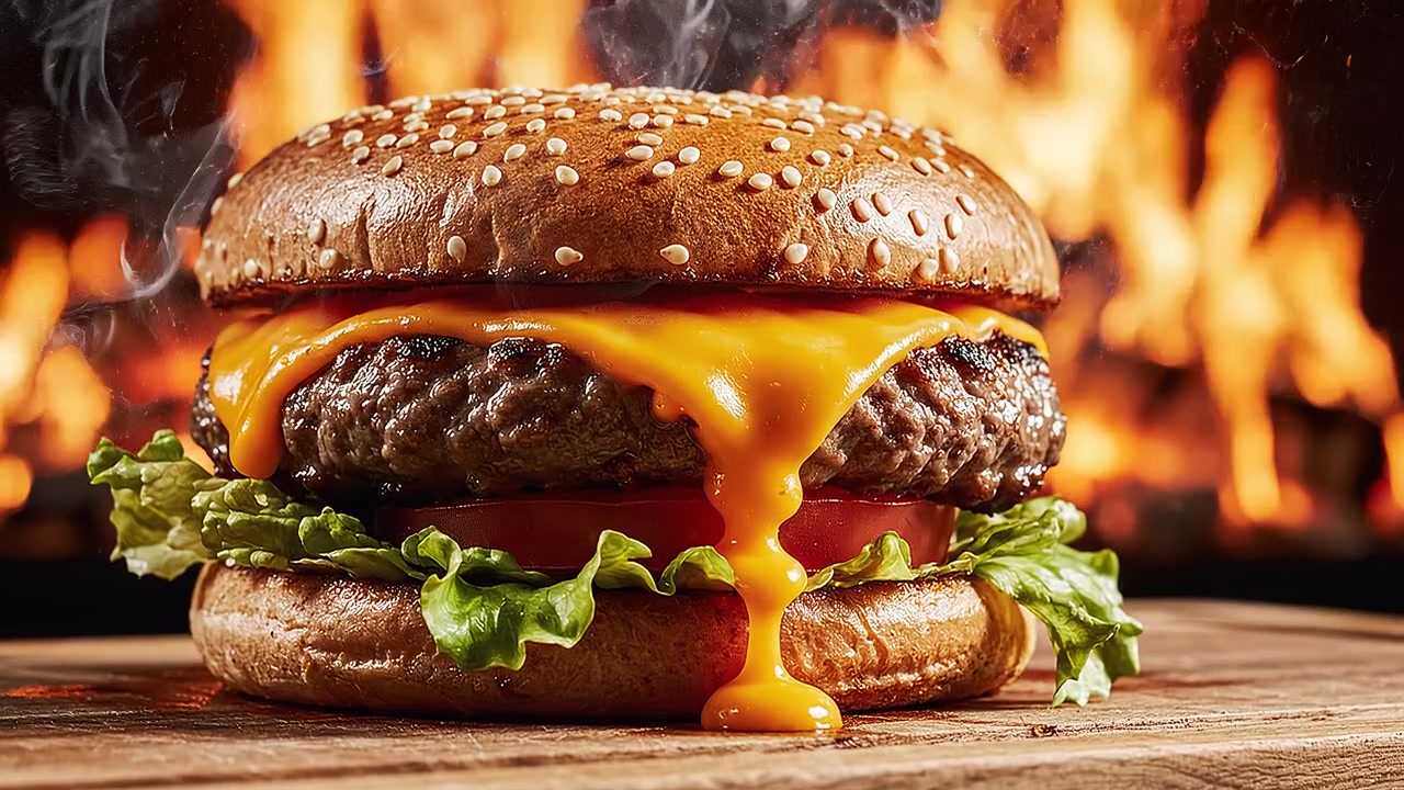Gourmet-Flammen-Cheeseburger auf Holzbrett mit Dampf