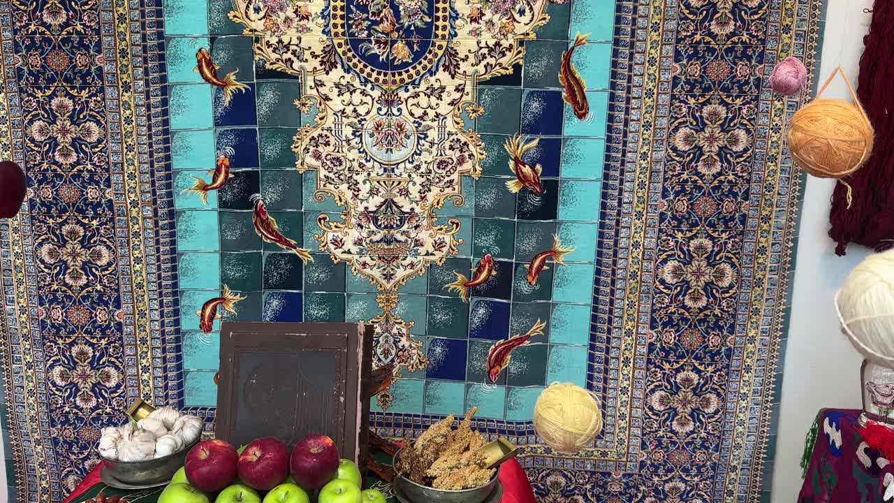 New Year table artistic design Persian ceremony Haftsin decoration colorful elements tradition Nowruz celebration spring Iran Tehran architecture garden festive candle culture symbol of arrangement