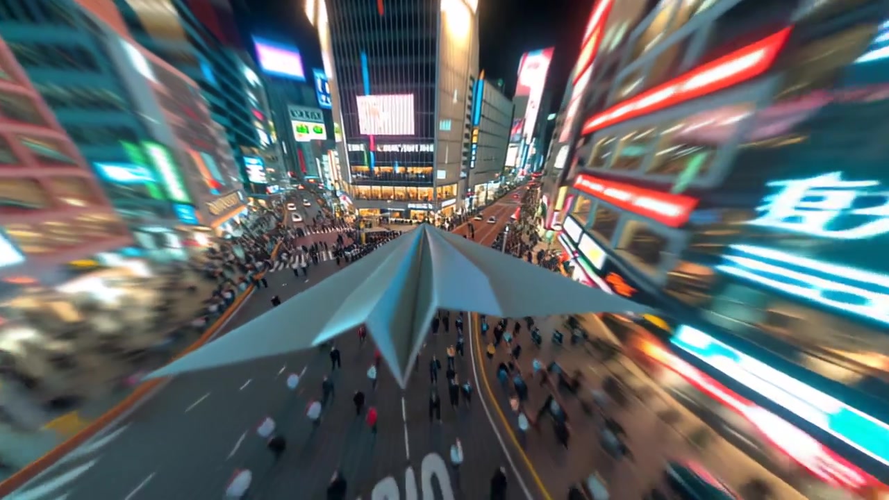 Paper airplane gliding above a bustling downtown street at night, surrounded by neon signs and motion blur, symbolizing travel, freedom, and creativity