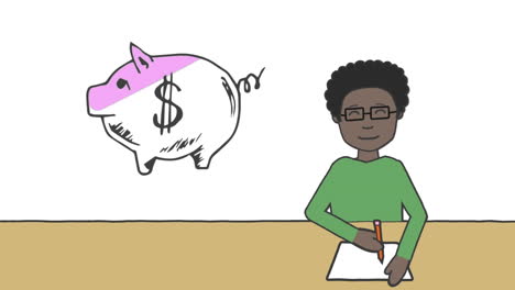 animation of piggy bank with american dollar symbol and schoolboy writing on white background