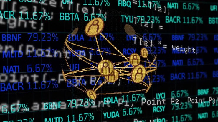 Animation of media icons and data processing on black background