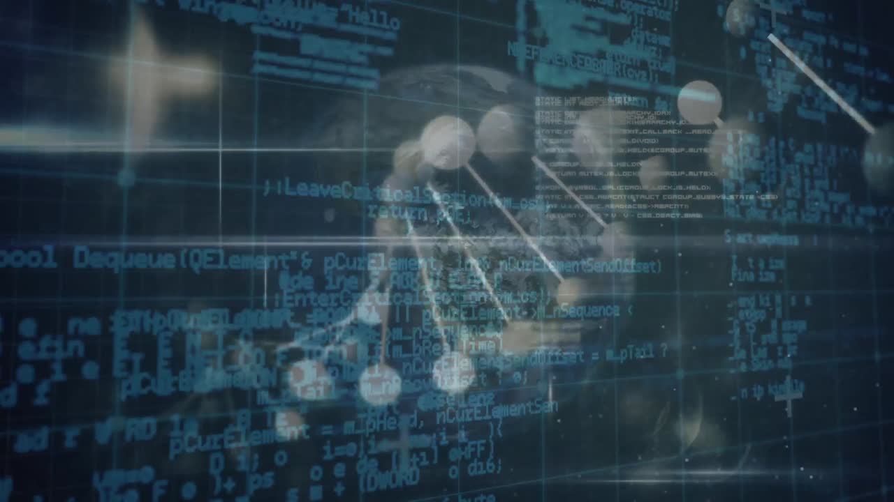 Animation of data processing, globe and dna in blue and black space
