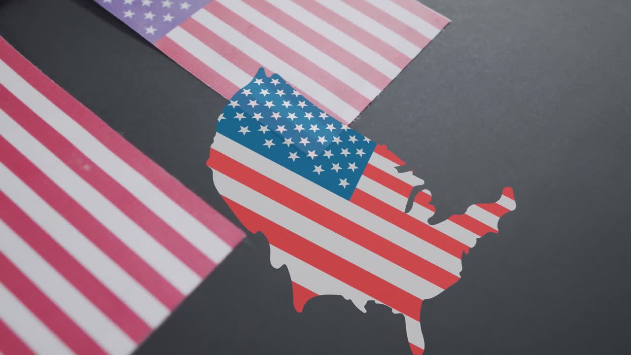 Animation of country coloured with flag of usa over flags of usa