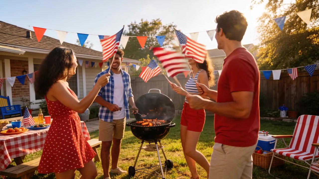 Wanita berbaju polkadot memberi isyarat asap memeriksa BBQ sementara teman-teman mengibarkan bendera AS di halaman belakang, pesta.