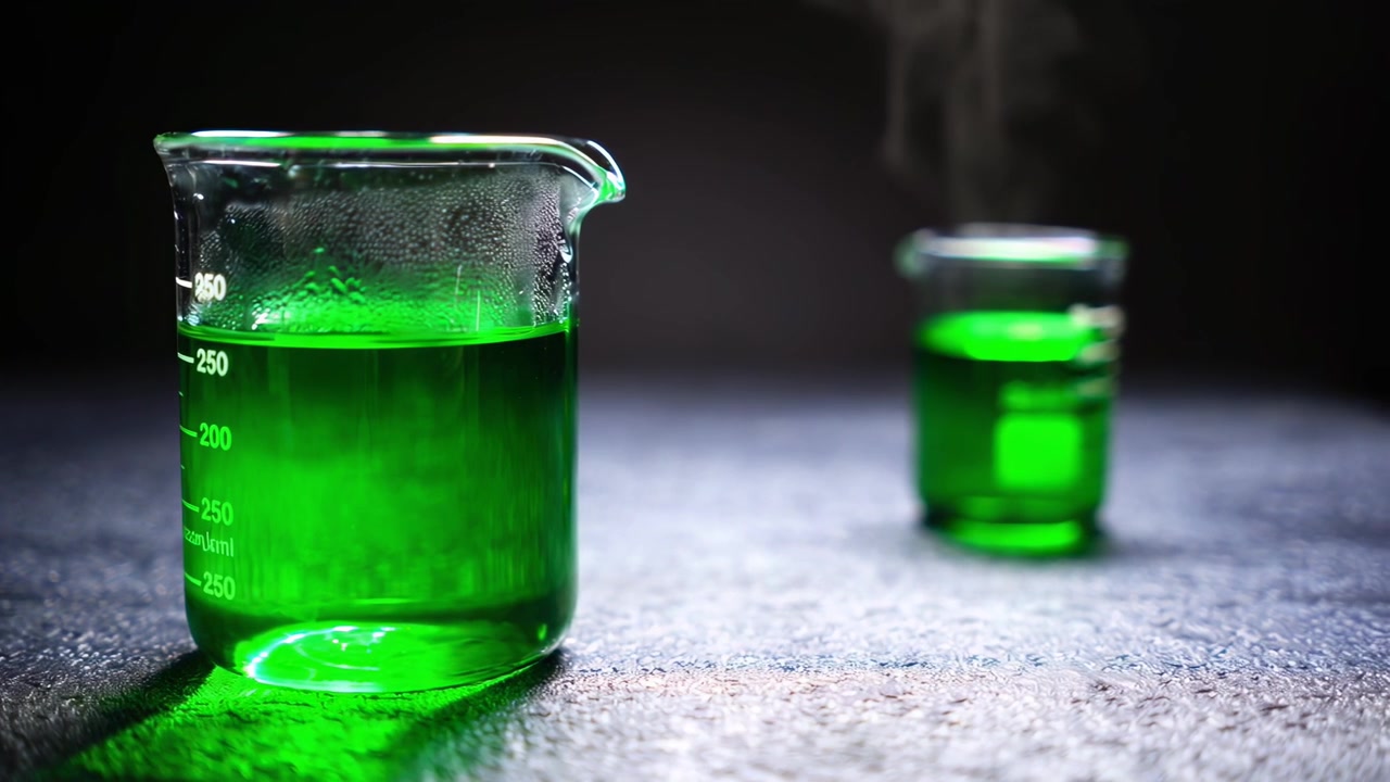 Steaming Green Liquid in Laboratory Beakers