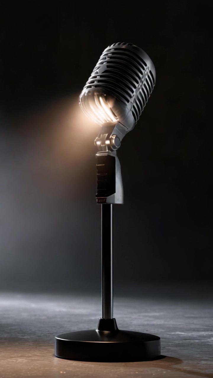 Classic Vintage Microphone Under Spotlight Illuminates a Stage Setting, Evoking Feelings of Anticipation and Creativity for Performances and Recordings