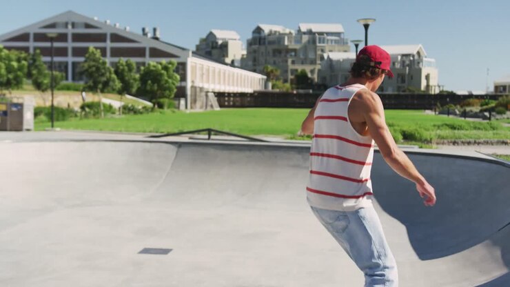 Uomo caucasico che va e salta sullo skateboard in una giornata di sole