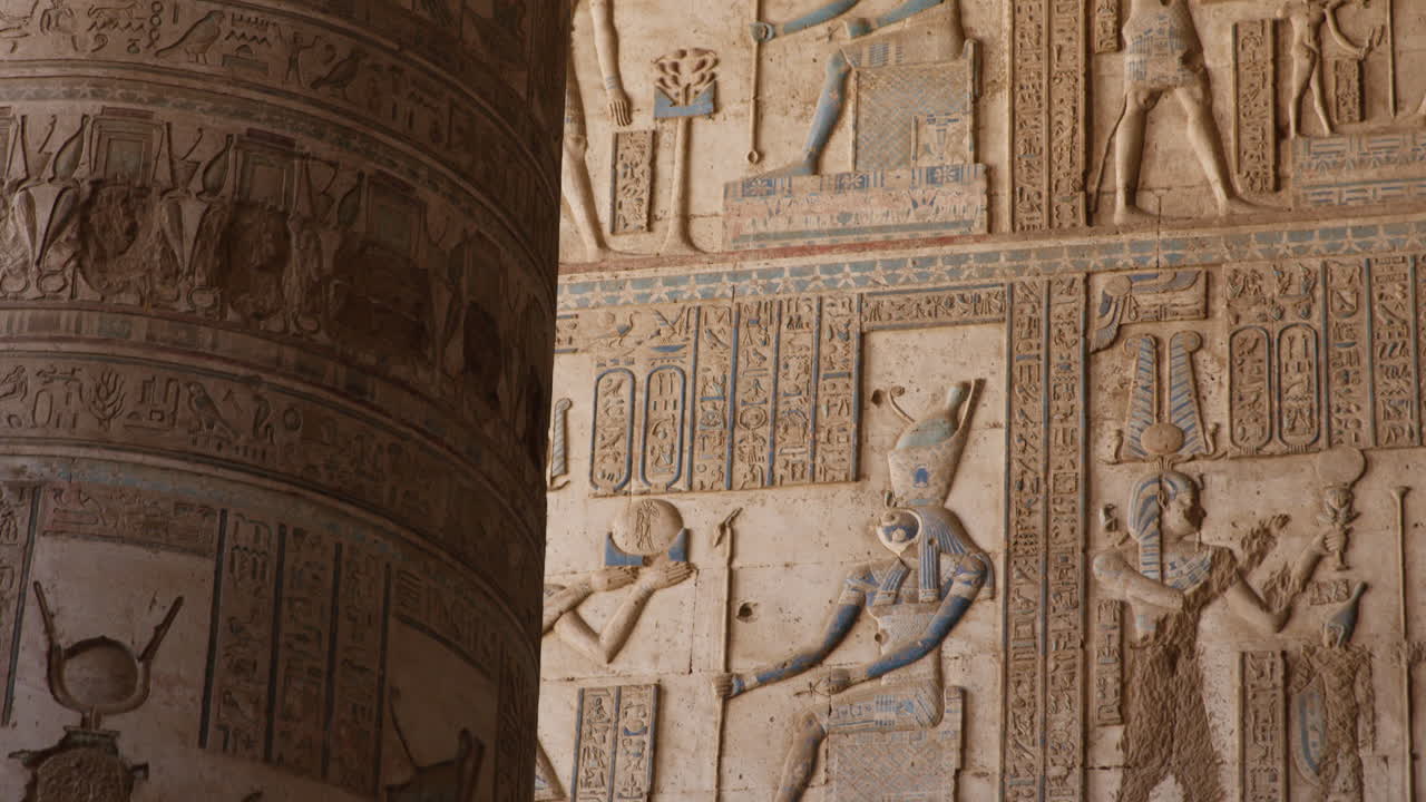 Colorful ancient carvings and hieroglyphs inside Dendera Temple, Egypt
