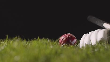 criquet naturaleza muerta con primer plano de la pelota de bate y guantes que se encuentran en la hierba 2