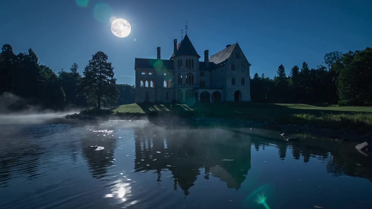 La telecamera si sposta rivelando una grande dimora in pietra sul lago, con il riflesso della luna che cambia mentre la nebbia si infittisce.
