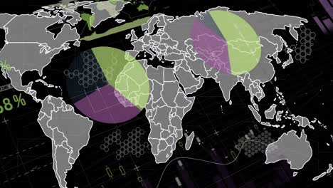 animación del mapa del mundo sobre el procesamiento de datos estadísticos contra un fondo negro.
