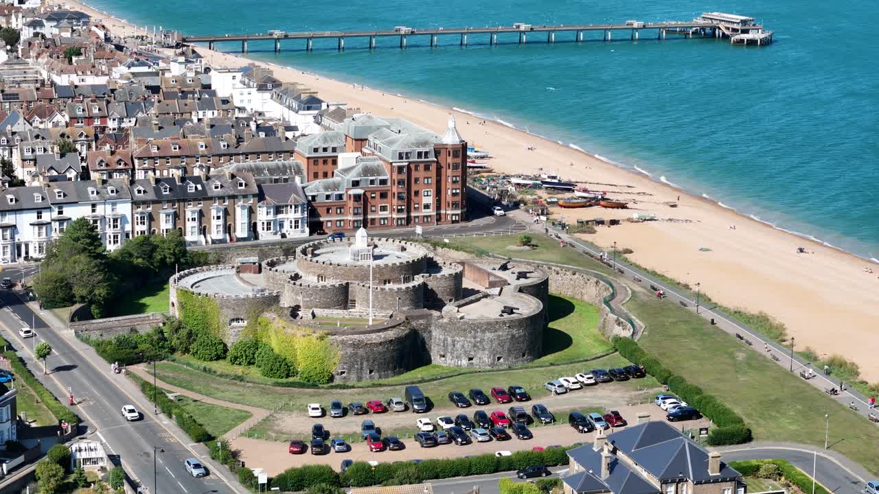 Deal Castle and town Kent UK drone,aerial panning shot 4K