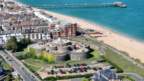 deal castle and town kent uk drone,aerial panning shot 4k