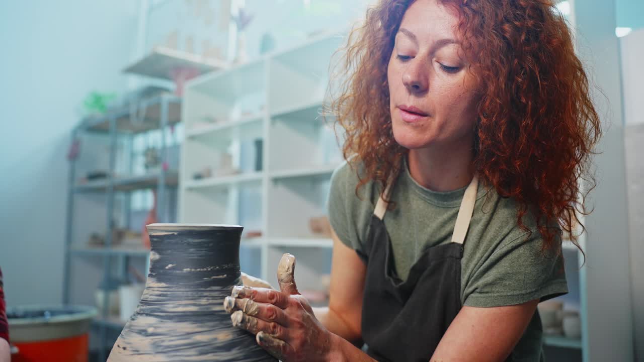 Woman creating a ceramic vase on a pottery wheel