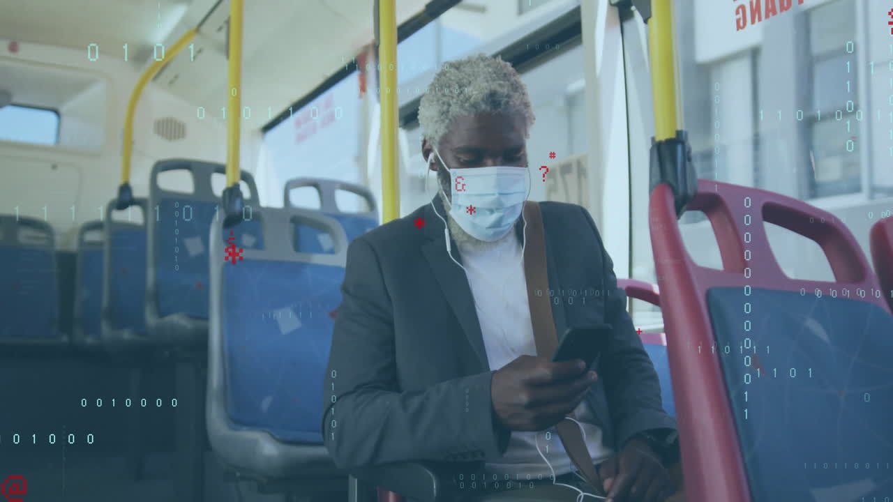 Using smartphone on bus, man with mask and headphones viewing animation data
