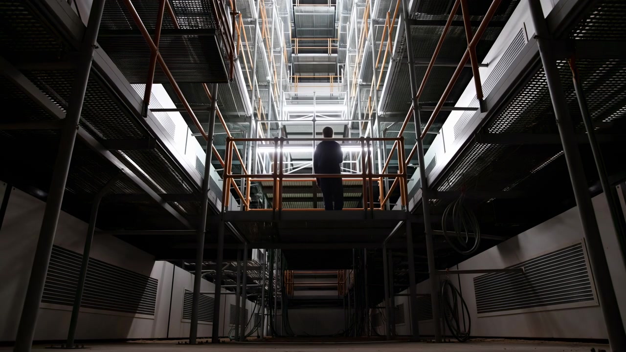 Pessoa em silhueta permanece em plataforma com corrimão laranja dentro de um interior industrial alto, cercada por passarelas de metal e saídas de ventilação, com forte contraluz criando contraste e composição geométrica.