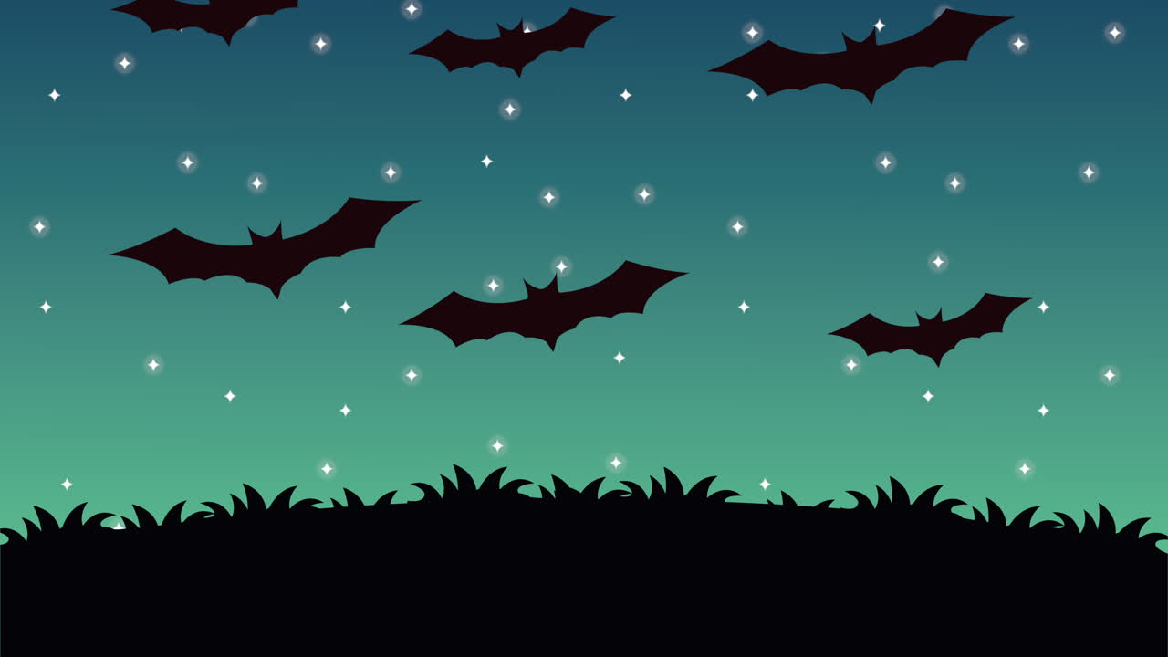 animazione di halloween felice con pipistrelli che volano in campo