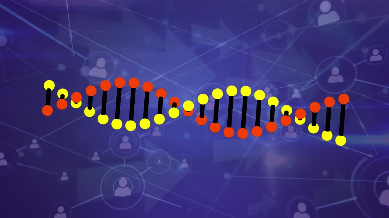 Animation af en roterende DNA-struktur over et netværk af profilikoner mod blå baggrund.