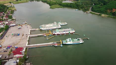 public passenger ferries parked at the port of poto tano harbour sumbawa indonesia