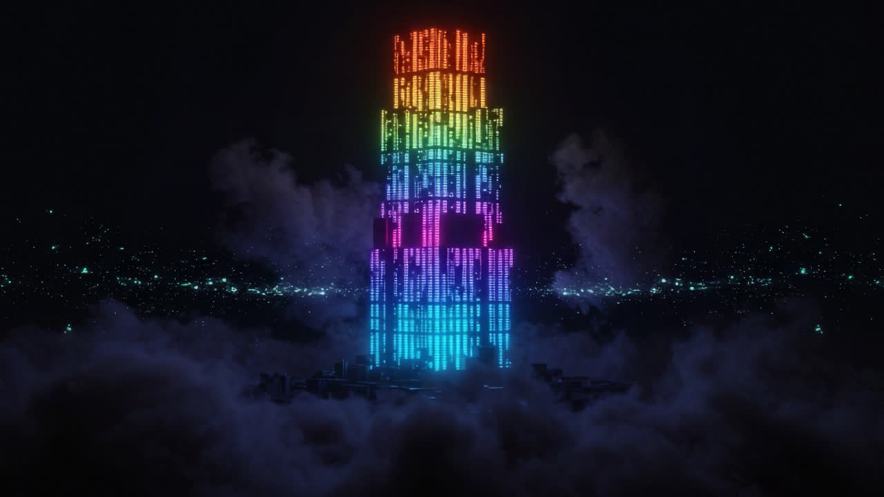 A Stunning Neon Tower Illuminates the Night Sky, Surrounded by Clouds and Dazzling Lights, Creating a Breathtaking Visual Experience in a Mysterious Landscape