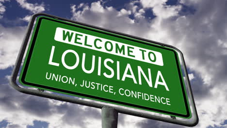 welcome to louisiana, usa state road sign, union justice confidence slogan, realistic 3d animation