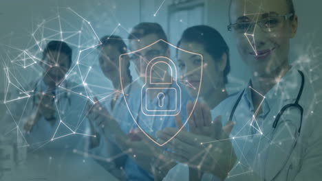 clapping doctors with cybersecurity lock and network connections animation in background