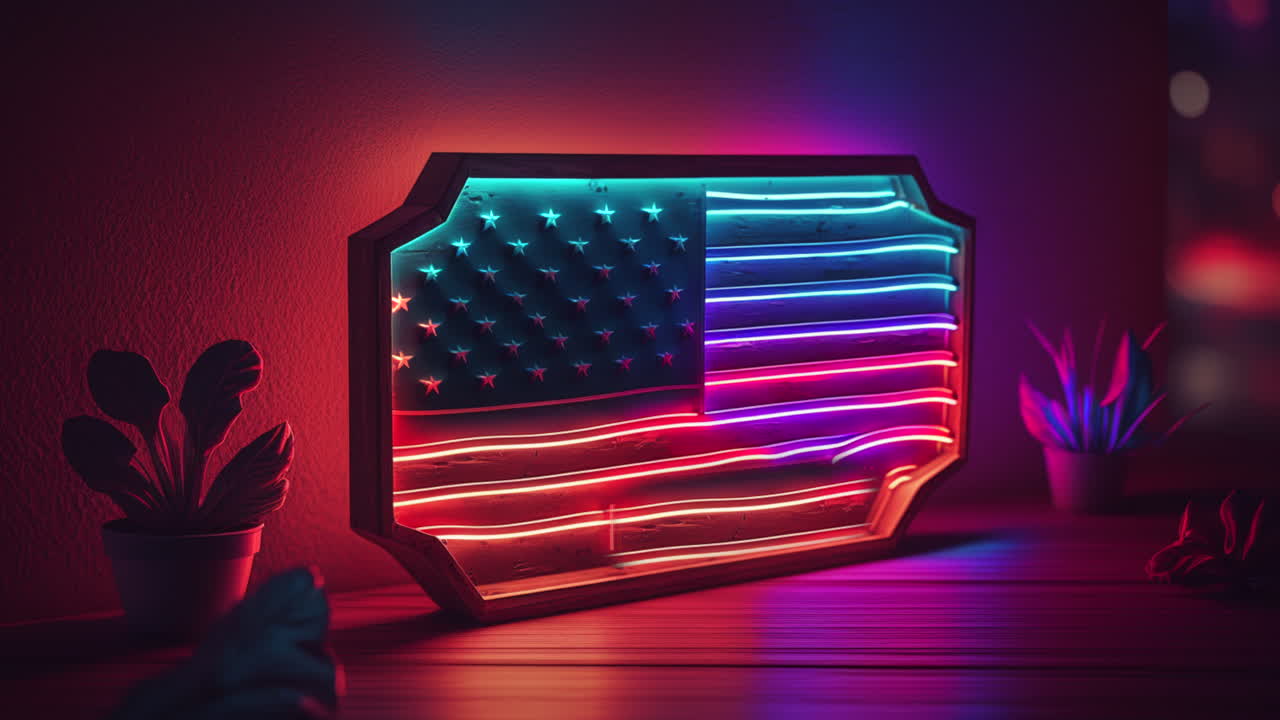 Bandiera neon USA colorata, illuminata e tremolante, insegna decorativa luminosa e d'atmosfera in una stanza