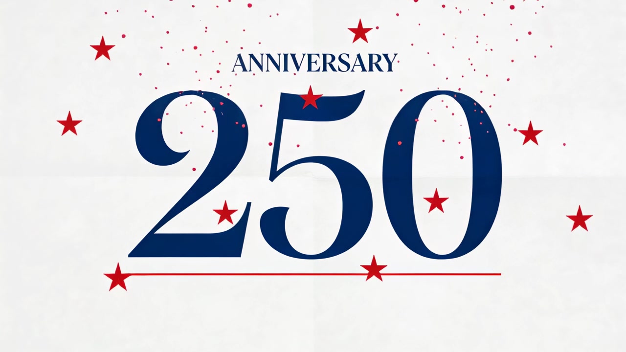 Stelle che si muovono verso l'interno, iniziando la scritta "ANNIVERSARIO 250" su carta, con sottolineatura rossa e coriandoli che si depositano.