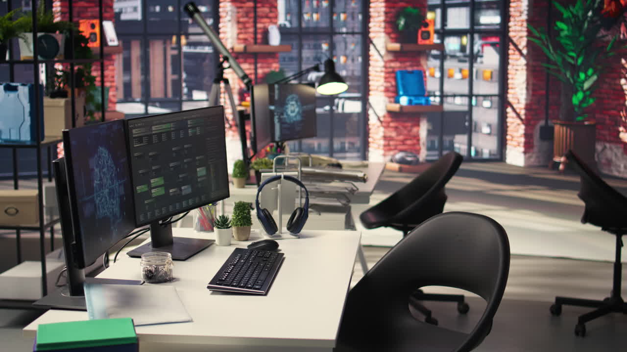 Empty programmer digital workspace shows real time code and AI driven algorithms