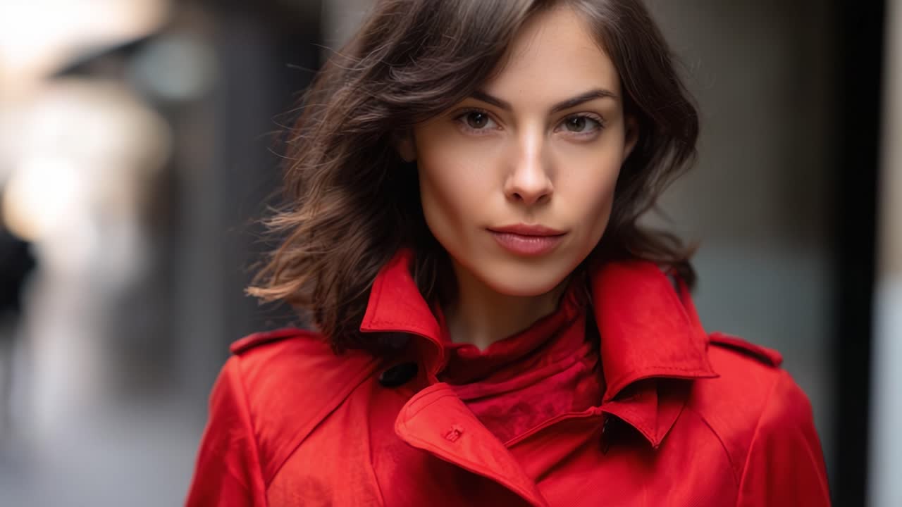 Confident Woman in Red Coat Striking Poses in Urban Street Setting, Exuding Charm and Elegance with Soft Lighting and Blurred Background for Artistic Effect