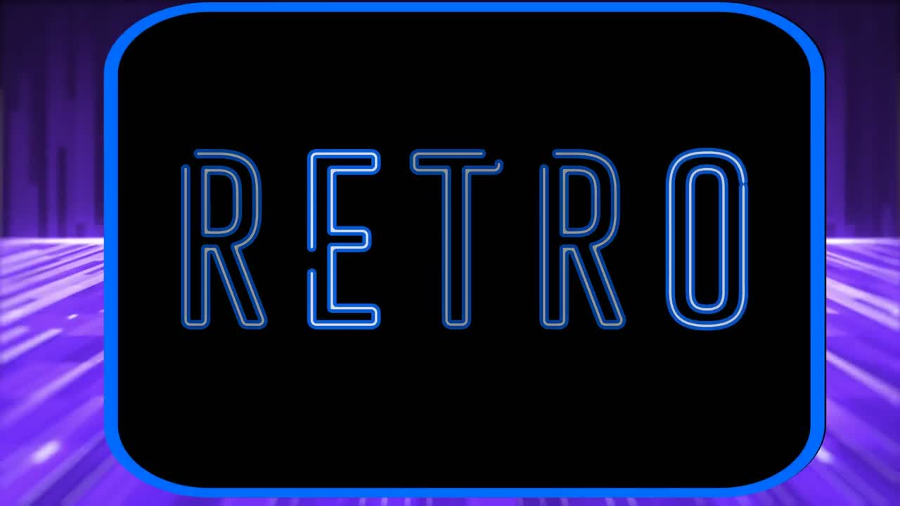 보라색 공간 위에 검은 태그에 레트로의 애니메이션